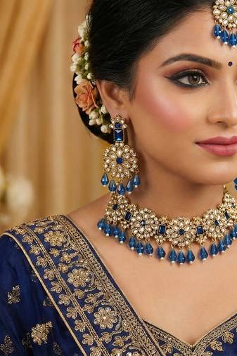 Blue yellow gold premium designer american diamond and stone work necklace set