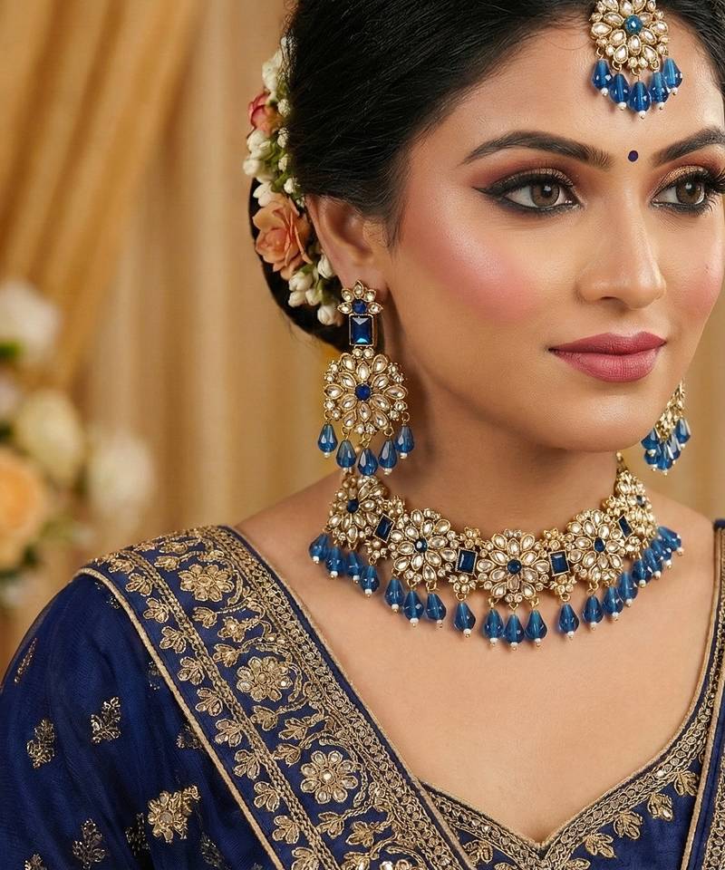 Blue yellow gold premium designer american diamond and stone work necklace set
