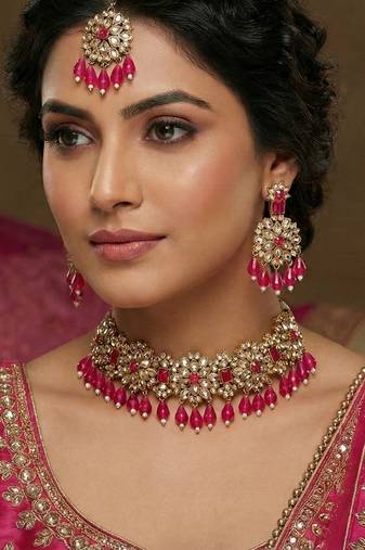 Pink yellow gold premium designer american diamond and stone work necklace set