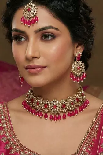 Pink yellow gold premium designer american diamond and stone work necklace set