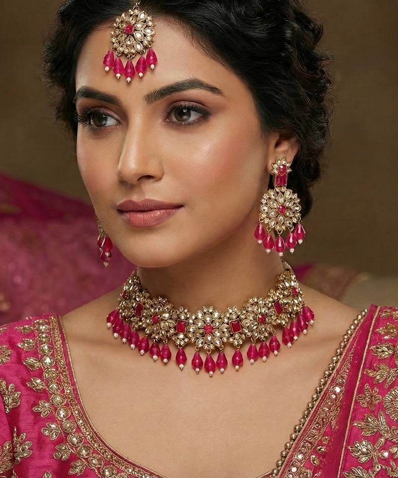 Pink yellow gold premium designer american diamond and stone work necklace set