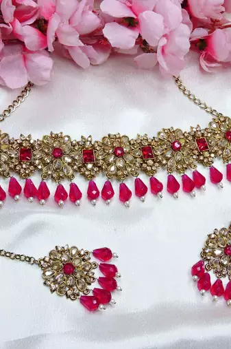 Pink yellow gold premium designer american diamond and stone work necklace set