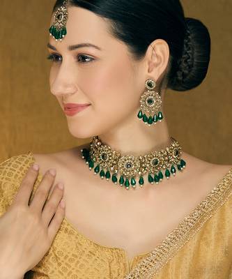 Green yellow gold premium designer american diamond and stone work necklace set 1