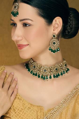 Green yellow gold premium designer american diamond and stone work necklace set