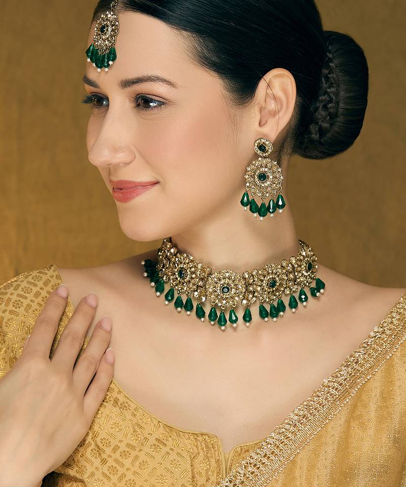 Green yellow gold premium designer american diamond and stone work necklace set