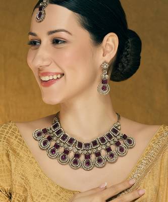 Purple yellow gold premium designer american diamond and stone work necklace set 1