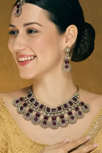 Purple yellow gold premium designer american diamond and stone work necklace set
