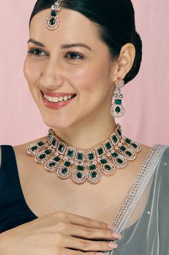 Green rose gold premium designer american diamond and stone work necklace set
