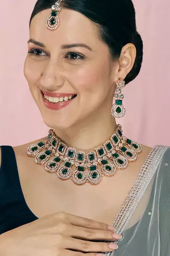 Green rose gold premium designer american diamond and stone work necklace set