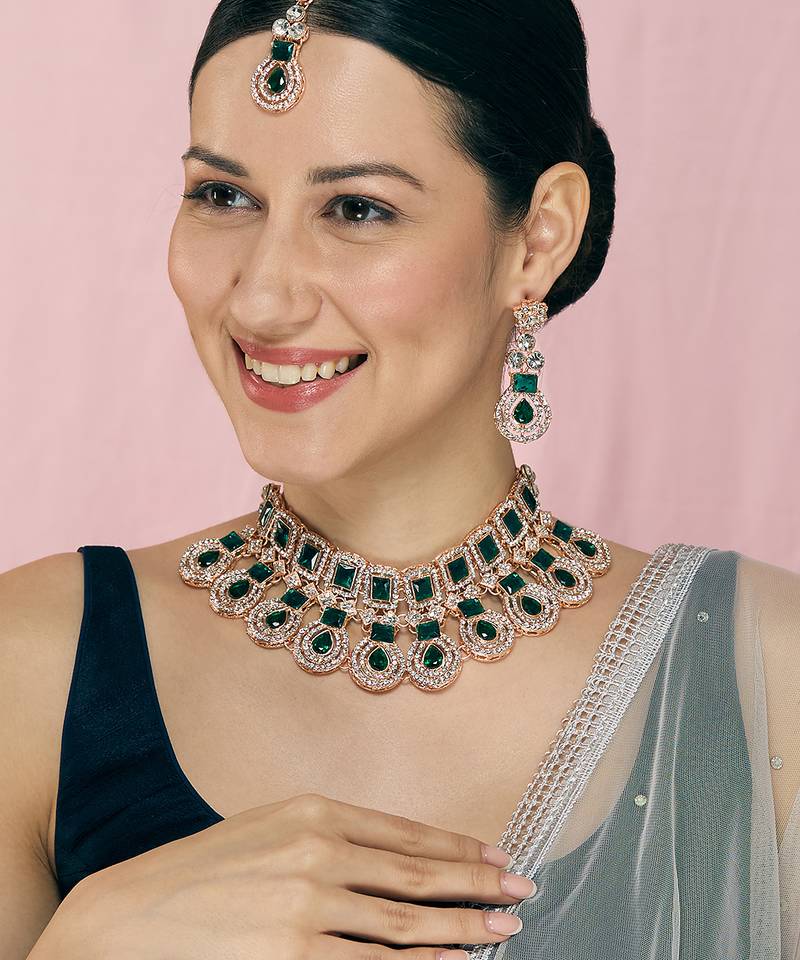 Green rose gold premium designer american diamond and stone work necklace set