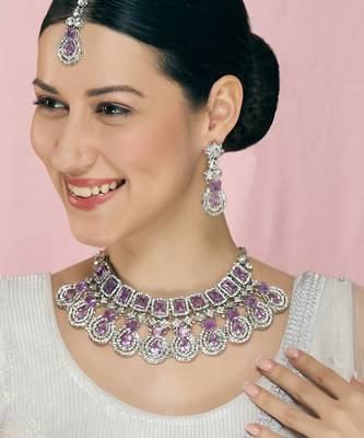 Purple rhodium premium designer american diamond and stone work necklace set 1