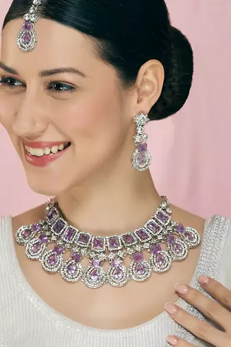 Purple rhodium premium designer american diamond and stone work necklace set