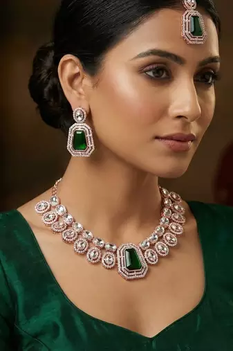 Green rose gold premium designer american diamond and stone work necklace set