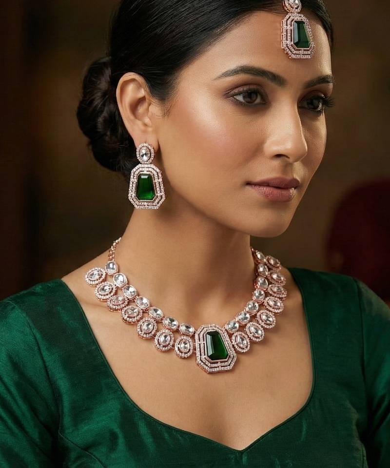 Green rose gold premium designer american diamond and stone work necklace set