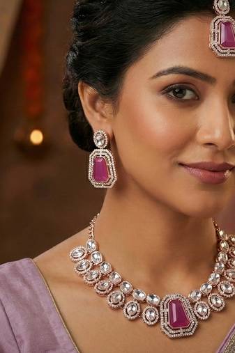 Purple rose gold premium designer american diamond and stone work necklace set