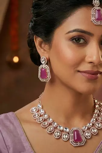 Purple rose gold premium designer american diamond and stone work necklace set