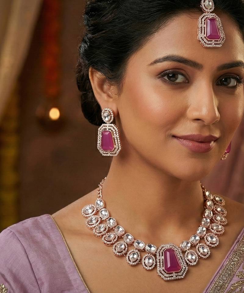 Purple rose gold premium designer american diamond and stone work necklace set