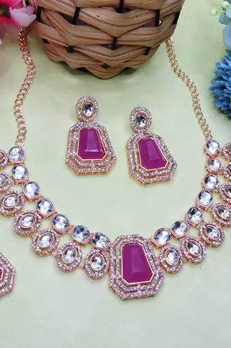 Purple rose gold premium designer american diamond and stone work necklace set