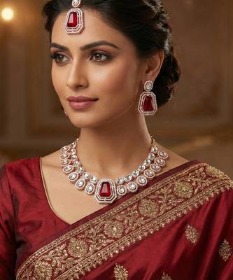 Maroon rose gold premium designer american diamond and stone work necklace set 1