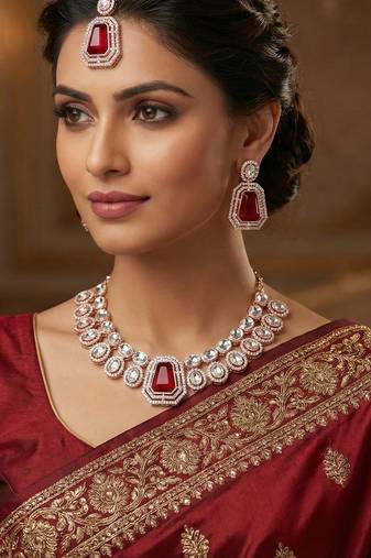 Maroon rose gold premium designer american diamond and stone work necklace set