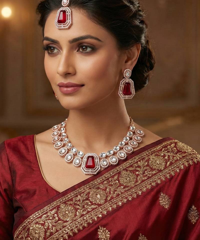 Maroon rose gold premium designer american diamond and stone work necklace set