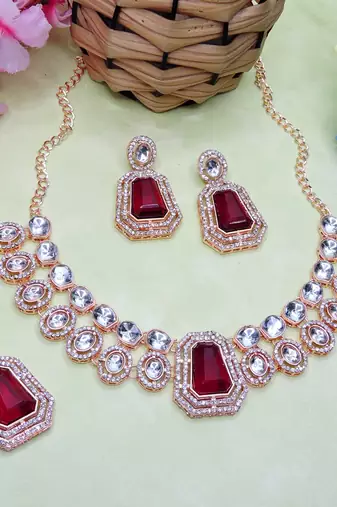 Maroon rose gold premium designer american diamond and stone work necklace set