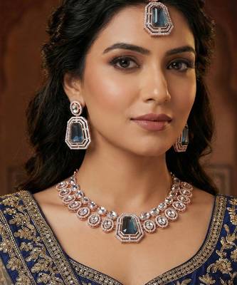 Blue rose gold premium designer american diamond and stone work necklace set 1