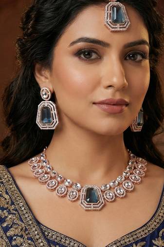 Blue rose gold premium designer american diamond and stone work necklace set