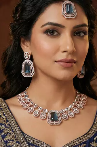 Blue rose gold premium designer american diamond and stone work necklace set