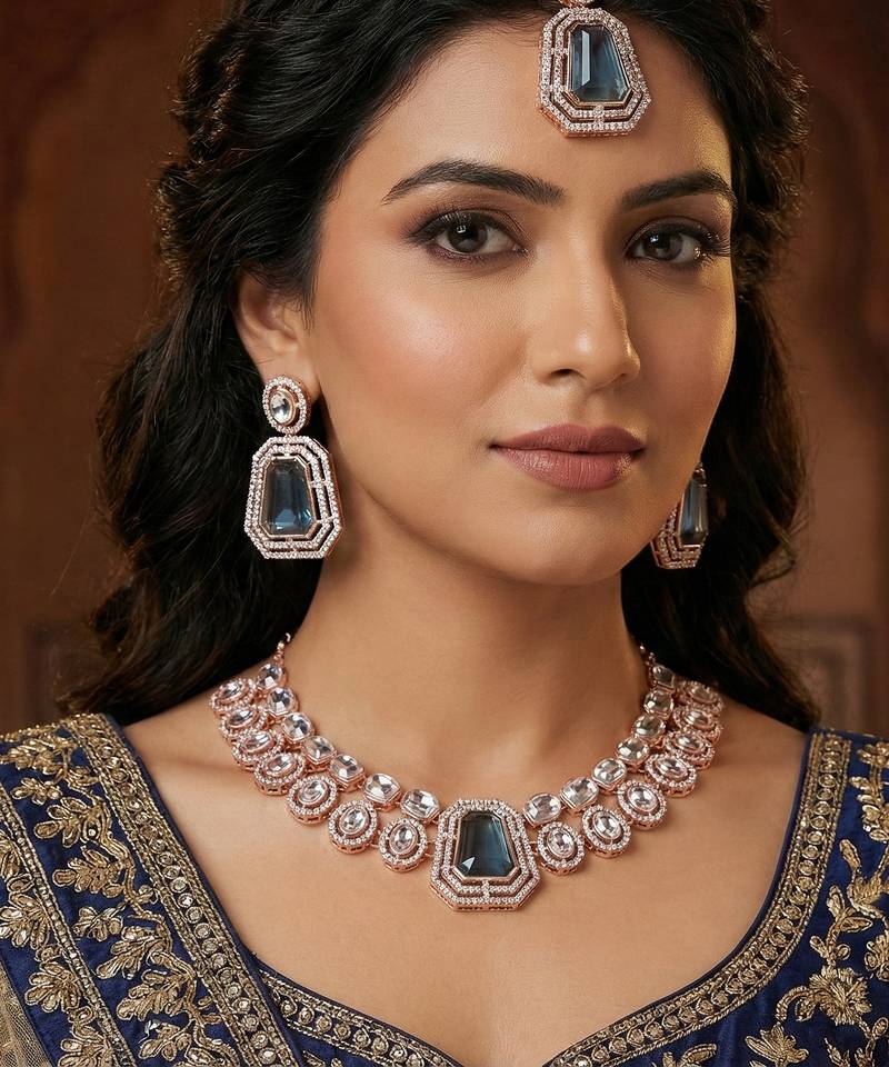 Blue rose gold premium designer american diamond and stone work necklace set