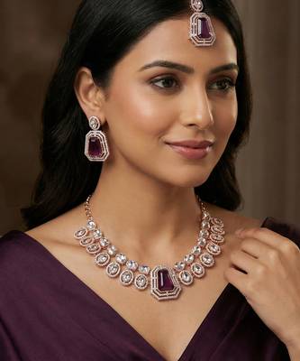 Purple rose gold premium designer american diamond and stone work necklace set 1