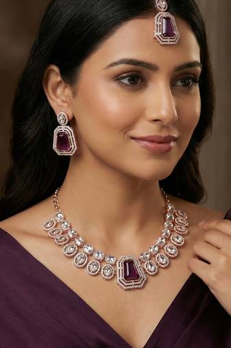 Purple rose gold premium designer american diamond and stone work necklace set