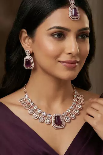 Purple rose gold premium designer american diamond and stone work necklace set