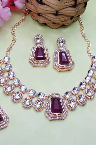 Purple rose gold premium designer american diamond and stone work necklace set