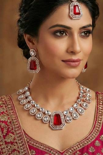 Pink rose gold premium designer american diamond and stone work necklace set