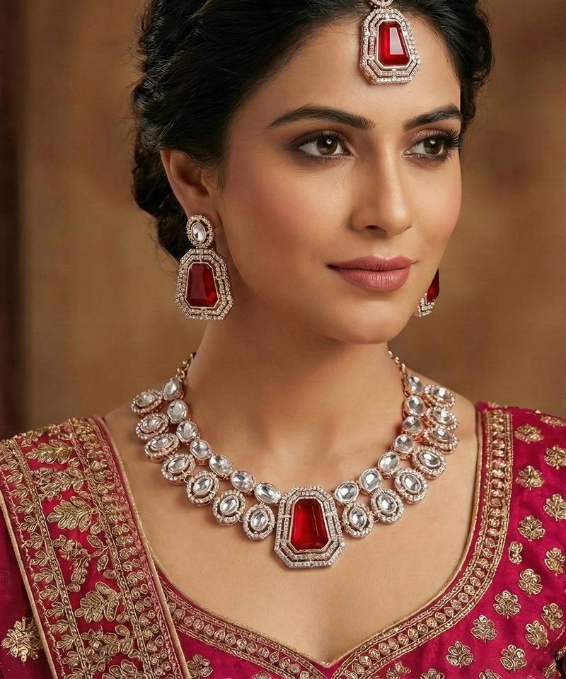 Pink rose gold premium designer american diamond and stone work necklace set
