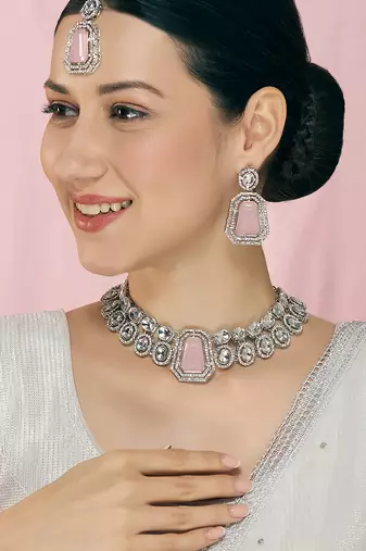 Pink rhodium premium designer american diamond and stone work necklace set