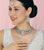 Pink rhodium premium designer american diamond and stone work necklace set