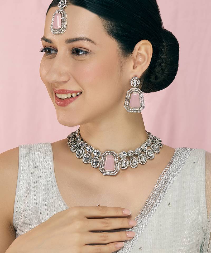 Pink rhodium premium designer american diamond and stone work necklace set