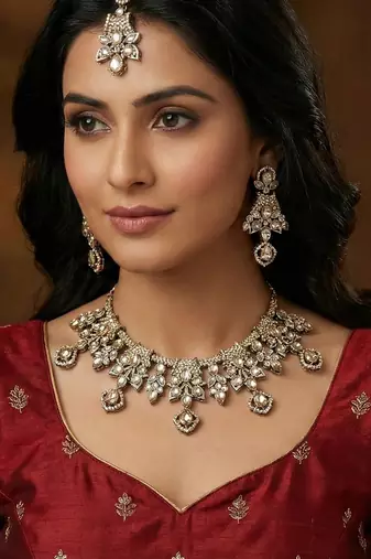 Gold yellow gold premium designer american diamond and stone work necklace set