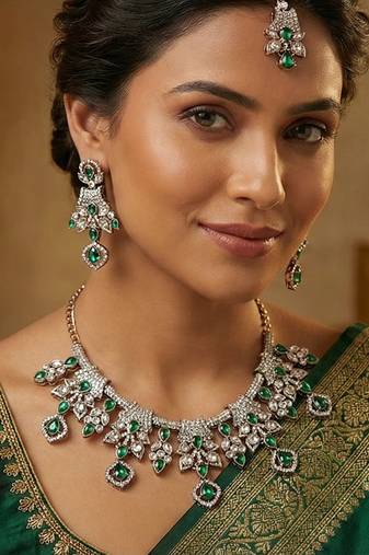 Green yellow gold premium designer american diamond and stone work necklace set