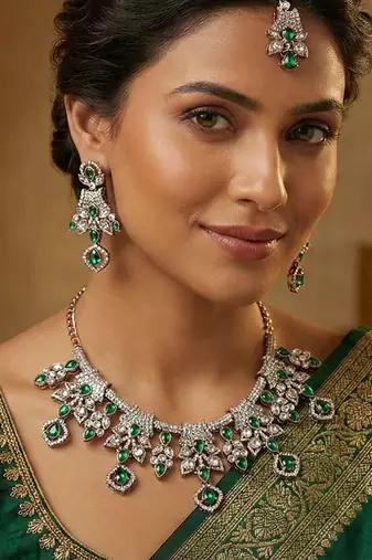 Green yellow gold premium designer american diamond and stone work necklace set