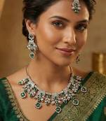 Green yellow gold premium designer american diamond and stone work necklace set