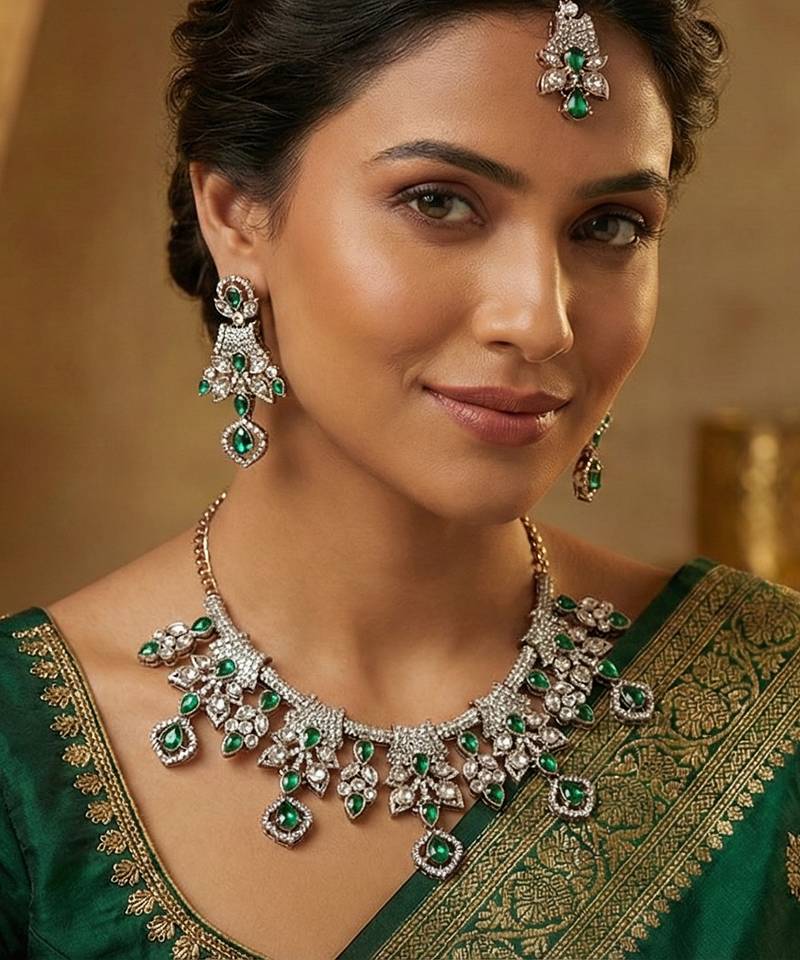 Green yellow gold premium designer american diamond and stone work necklace set