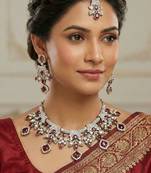 Maroon yellow gold premium designer american diamond and stone work necklace set