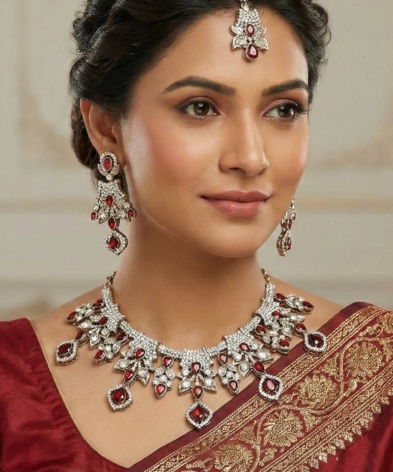 Maroon yellow gold premium designer american diamond and stone work necklace set