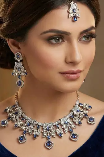 Blue yellow gold premium designer american diamond and stone work necklace set