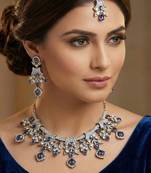 Blue yellow gold premium designer american diamond and stone work necklace set