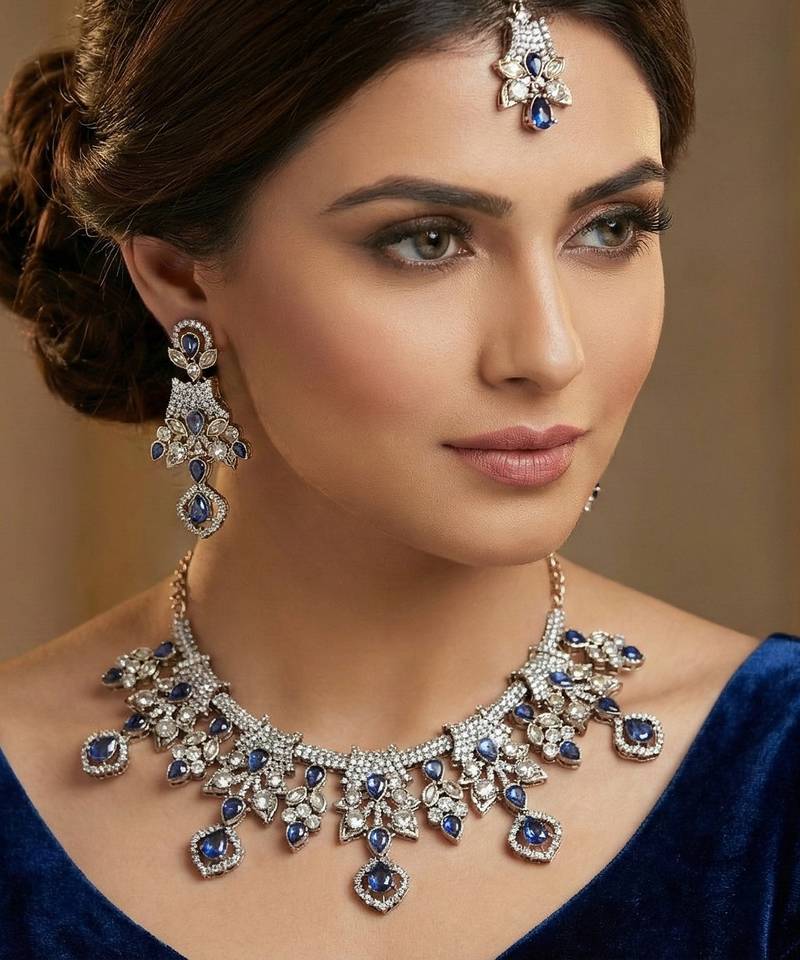 Blue yellow gold premium designer american diamond and stone work necklace set