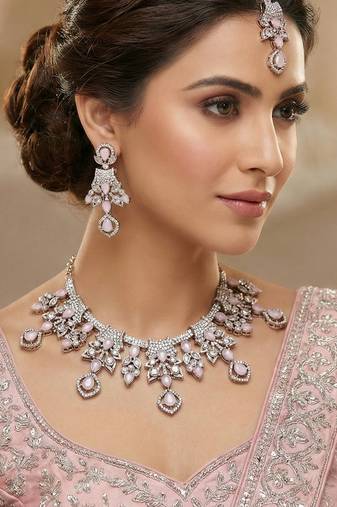 Pink yellow gold premium designer american diamond and stone work necklace set